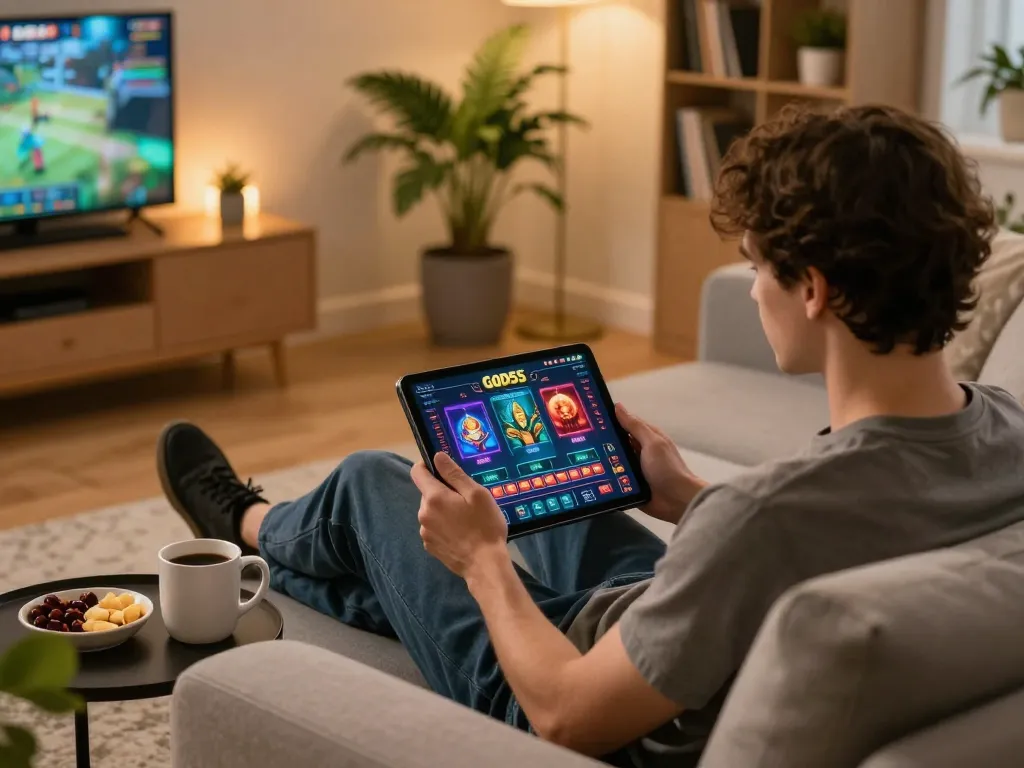 Engaging in online gaming at God55, showcasing a cozy home setup focused on casino gameplay
