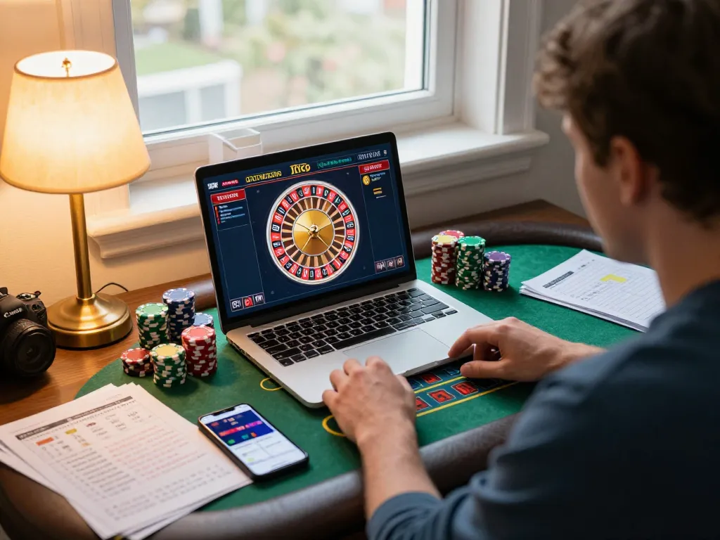 X88 online casino gaming session at home with a laptop and betting strategies.