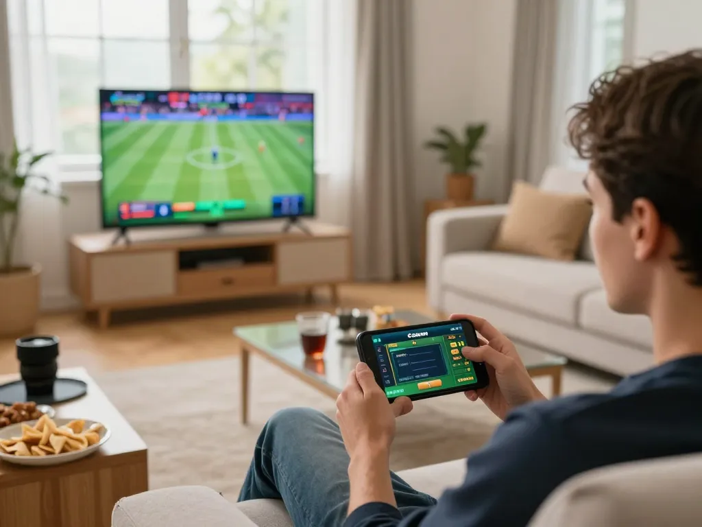 Engaged player using ok365 mobile app for real-time sports betting in a cozy living room setting.