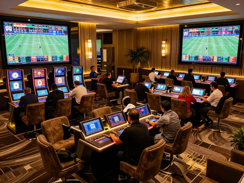 Patrons engaging in sports betting at a luxurious casino lounge, showcasing Keo nha cai insights intuitively