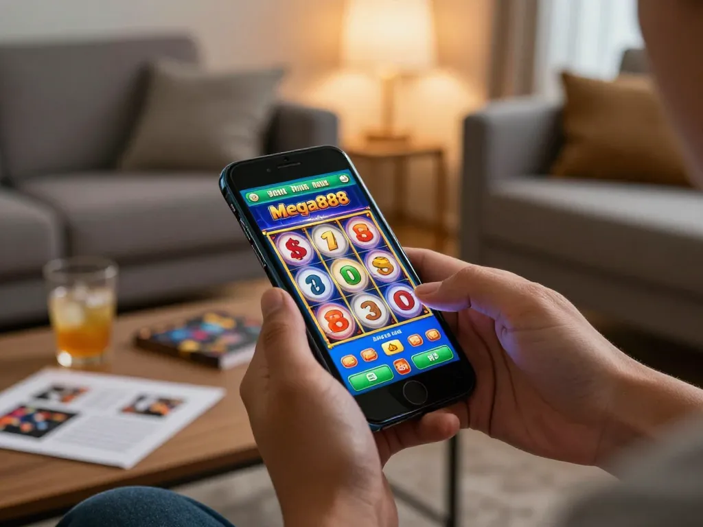 Mega888 Casino mobile gaming experience with player actively spinning the slots on a smartphone in a cozy setting.