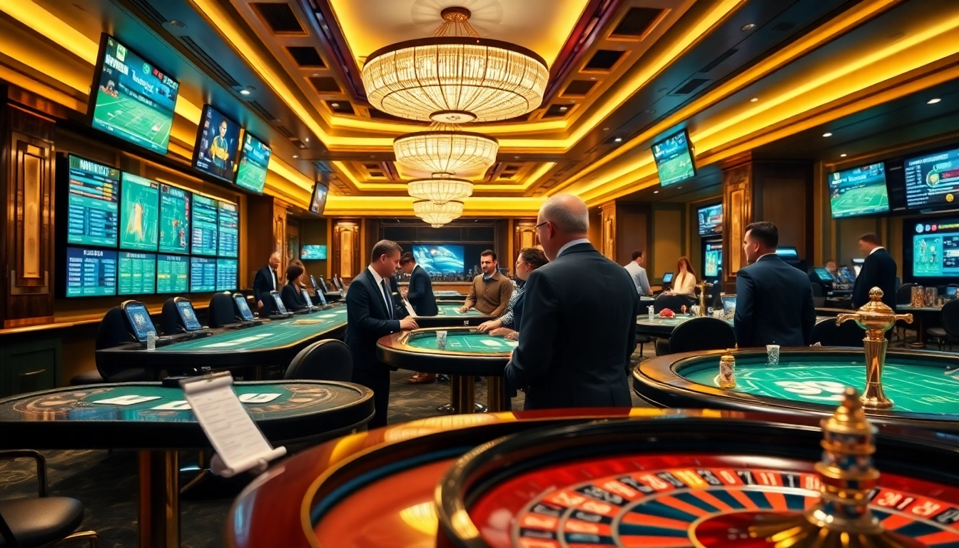 Exciting scene of professional gamblers engaging in Situs Judi Bola at a modern sportsbook.