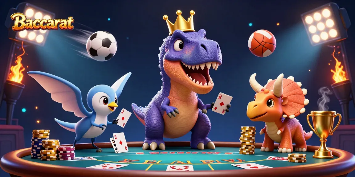 Baccarat game illustration featuring a T-Rex and friends engaged in a lively card game, dynamic elements around.