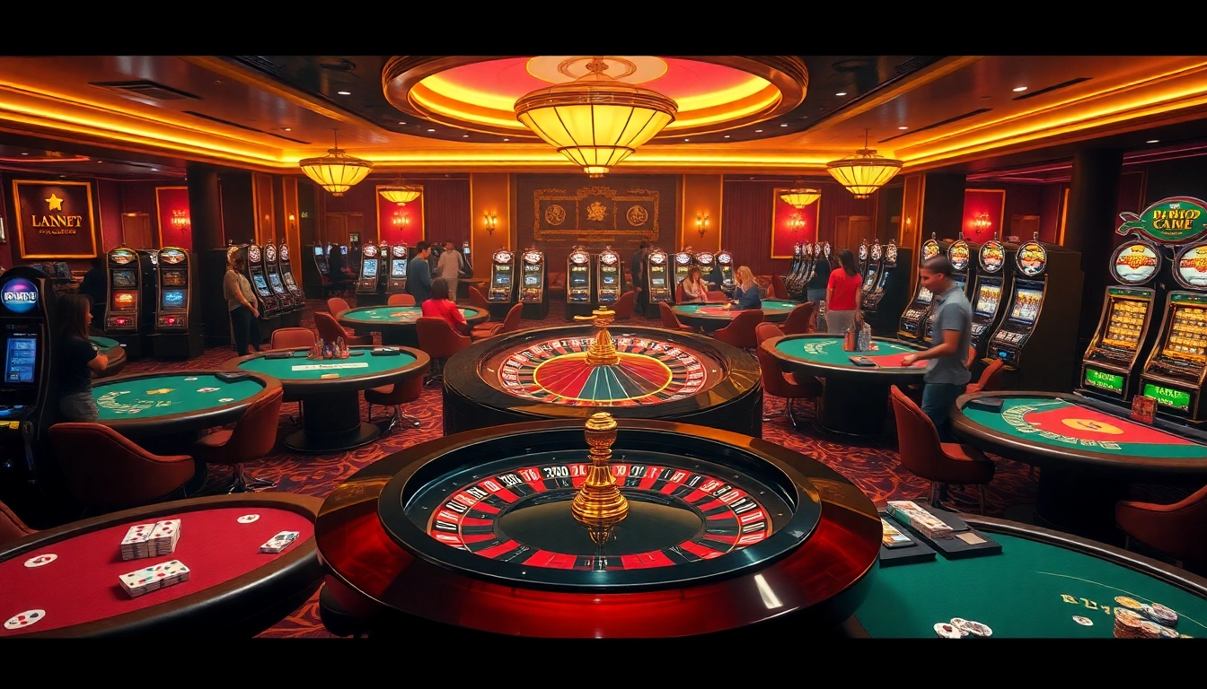 Lô Đề Trực Tuyến players enjoying a vibrant casino atmosphere with roulette and gaming tables.