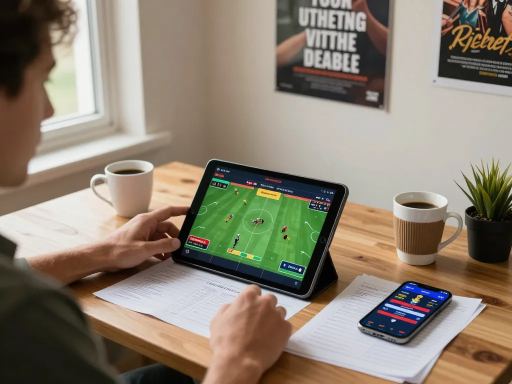 Player using YowesJP app for sports betting, showcasing organized betting strategies with notes and tablet