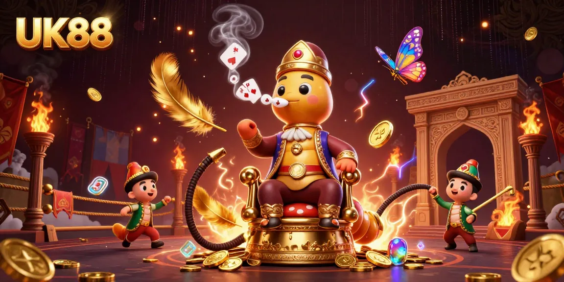 Experience UK88 with a vibrant illustration of poker symbols and a hookah-master in a Turkish sultan's throne.