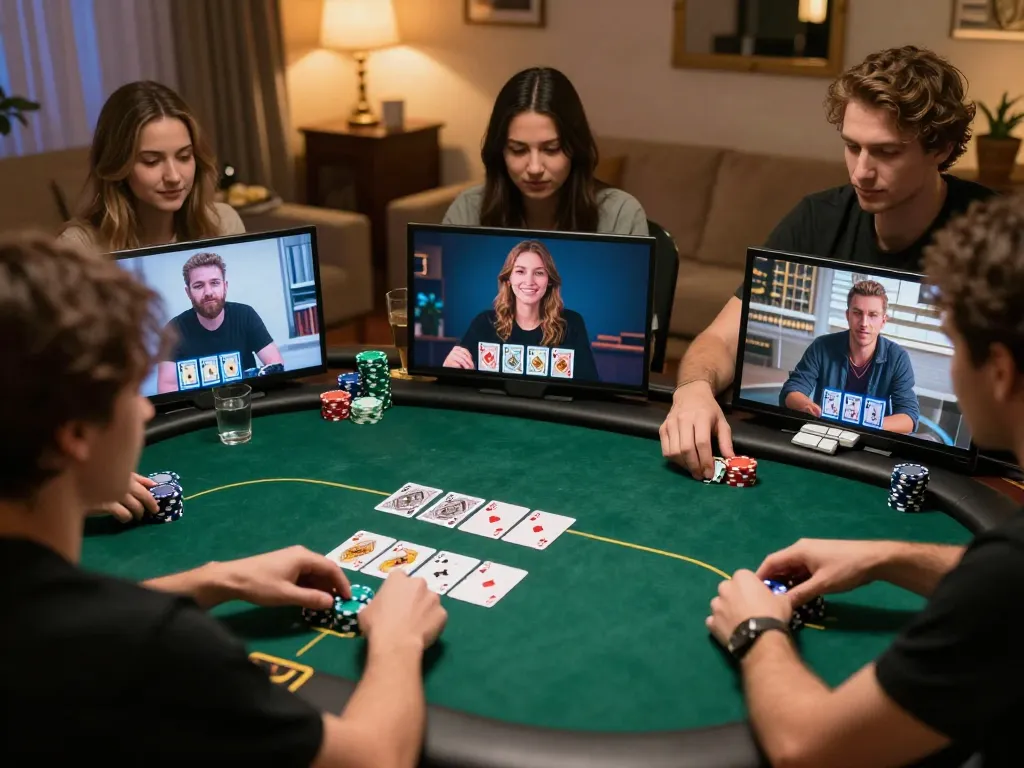 Xo88 players enjoying a competitive online poker game with chips and cards during a cozy home gathering.