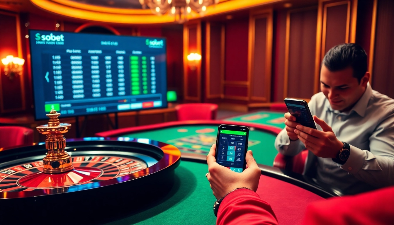 Engage in sbobet login with a vibrant casino scene featuring a roulette wheel and online betting interface.
