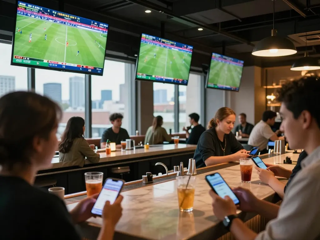 Dynamic sports betting experience at lounge with live matches and official steaksnlobsters displayed