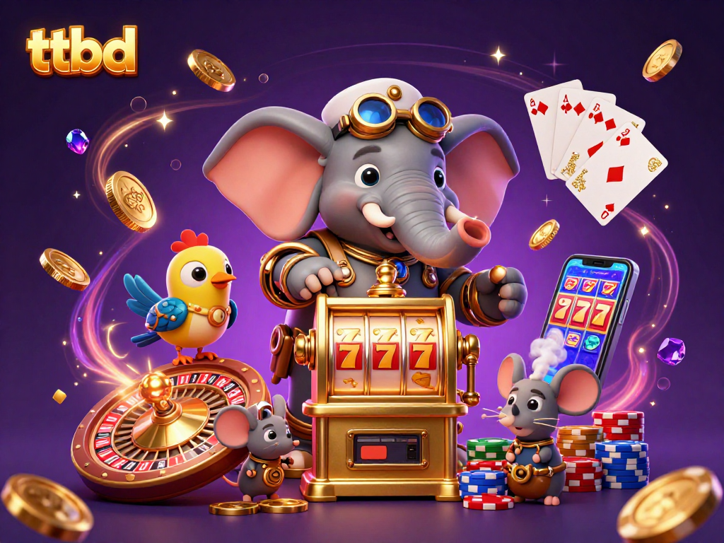 Engage in ttbd with a steampunk elephant engineer operating a slot machine, surrounded by casino elements.
