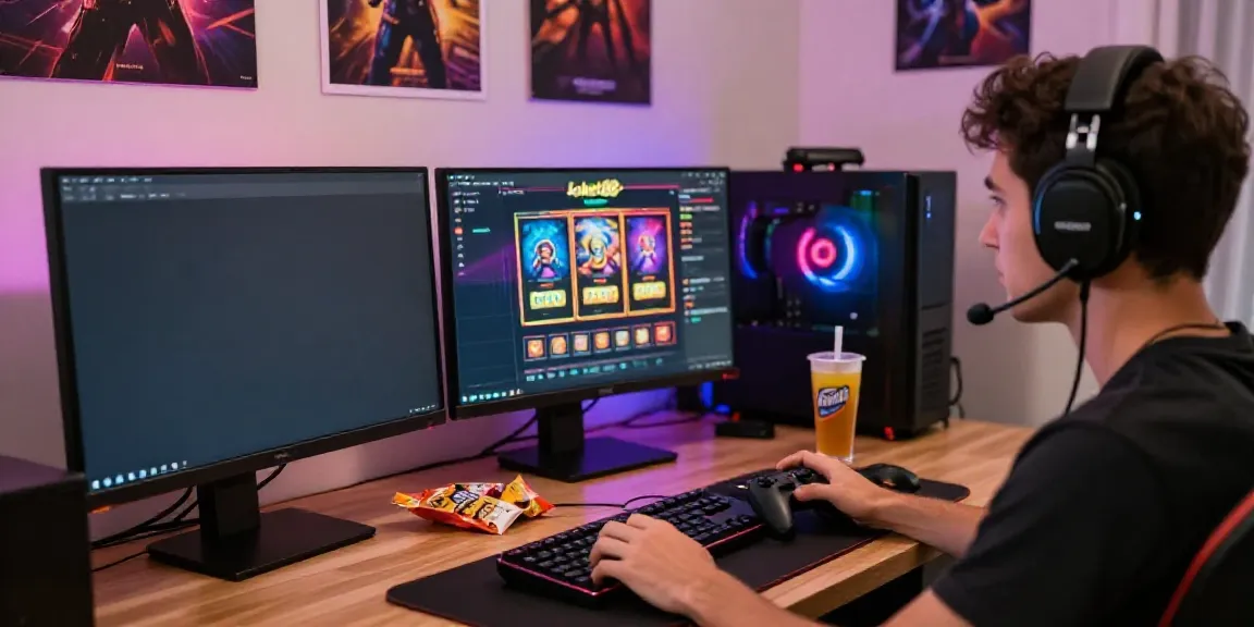 Player enjoying the loket88 slot experience at a gaming setup with vibrant visuals and snacks.