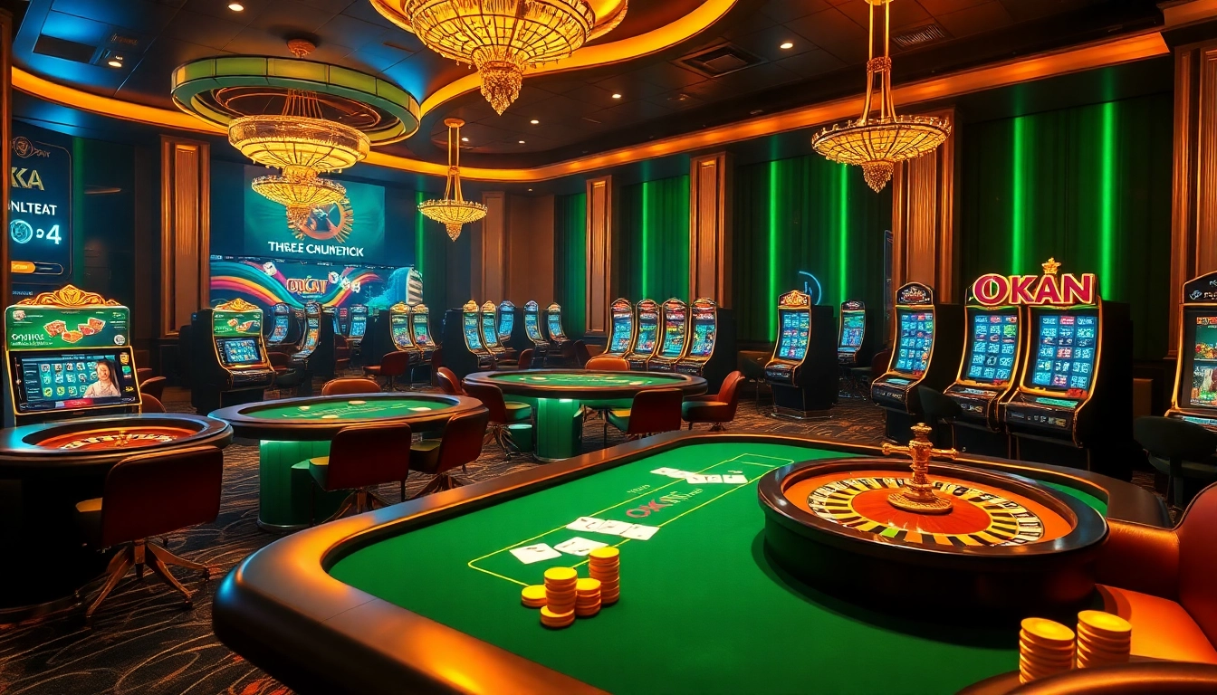 Players engaging in thrilling casino games on the OKATM digital platform, with vibrant visuals and excitement.