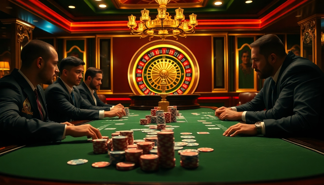 Engaged poker players at a glamorous casino table featuring king garuda138 branded chips and cards.