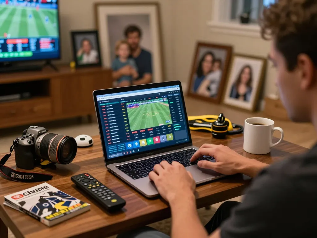Engaging in online sports betting at https://www.bdtk66.one/ with live odds on laptop and sports paraphernalia