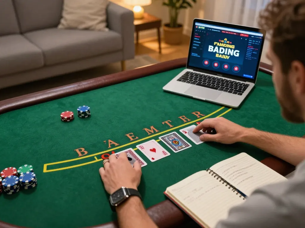 Player enjoying an online blackjack game with okfun on a laptop, showcasing a strategic gaming setup