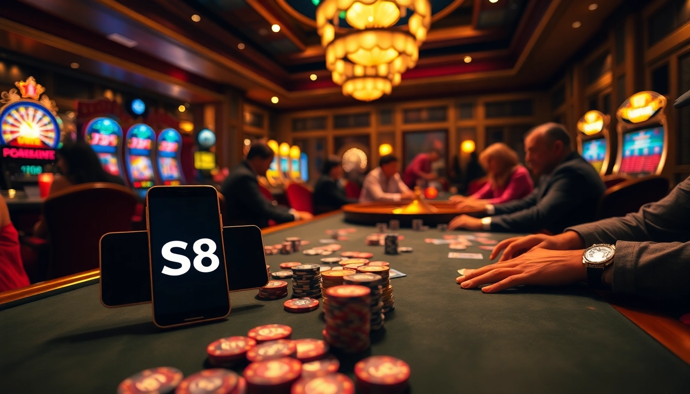 S8 casino excitement with poker table action and luxurious ambiance.