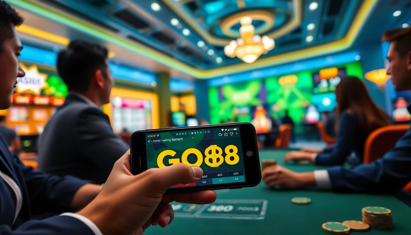 Engaging gaming scene showcasing players on GO88 platform, full of excitement and luxury.