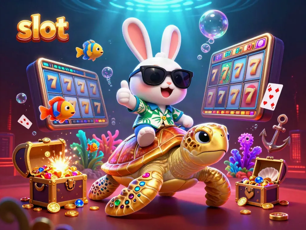 Slot yang menarik dengan kelinci beruntung dan kura-kura emas dikelilingi oleh simbol permainan.