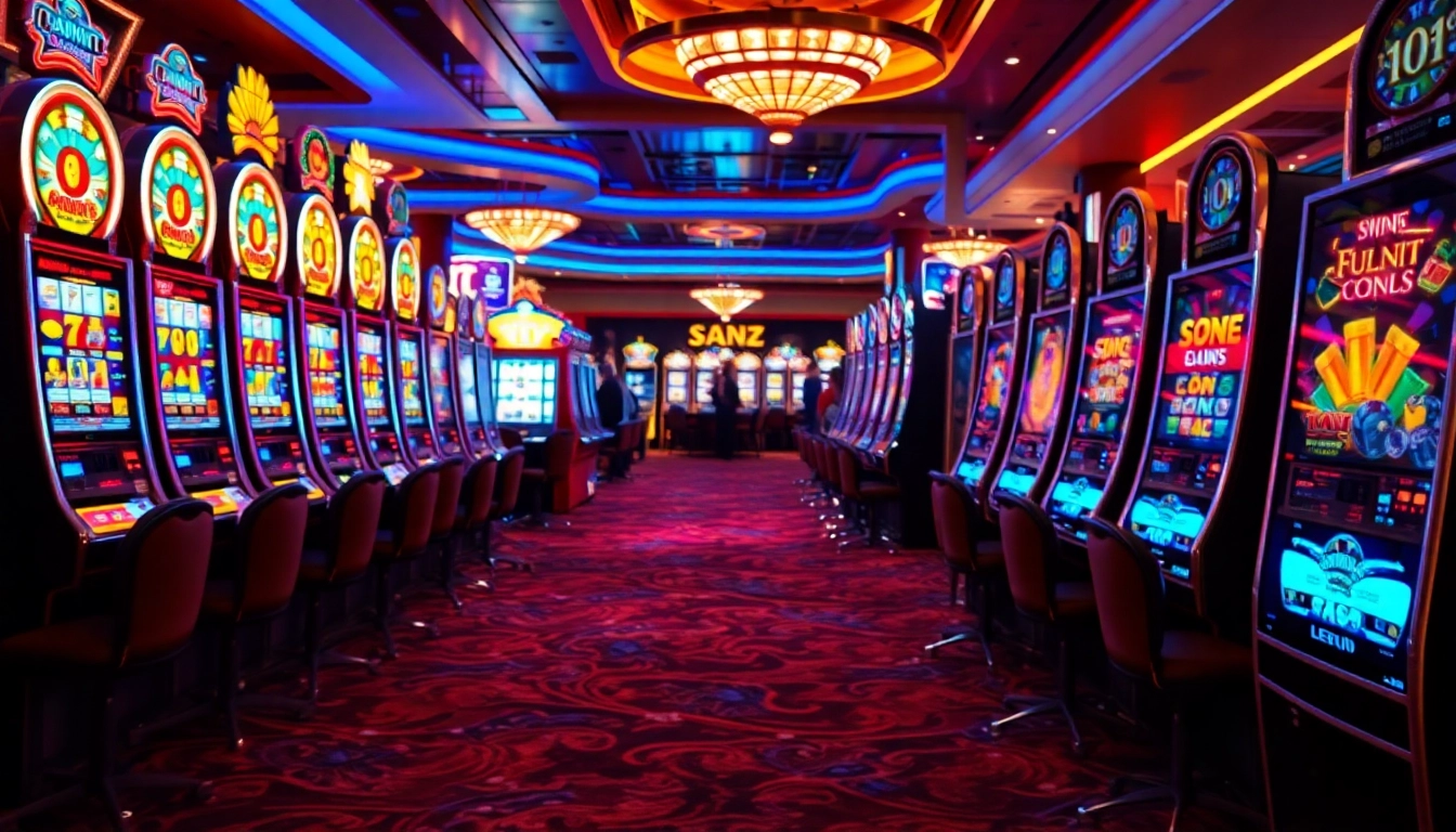 Players spinning the reels of vibrant slot machines in a luxurious casino setting.
