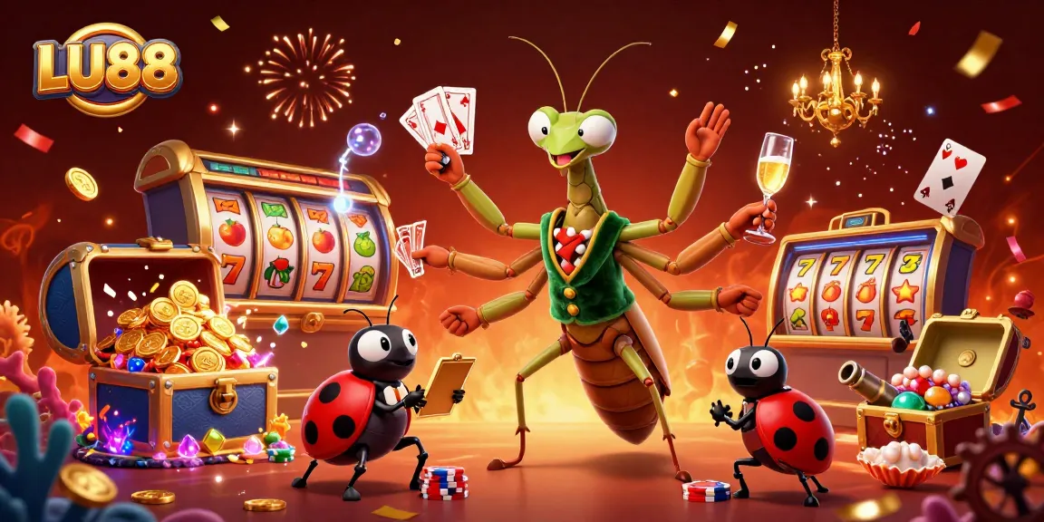 LU88 offers thrilling slot action with card sharp characters in a vibrant casino scene.
