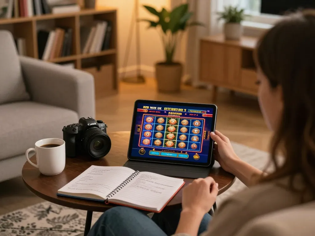 Engaging gameplay at a non uk casino shown on a tablet in a cozy home setup.