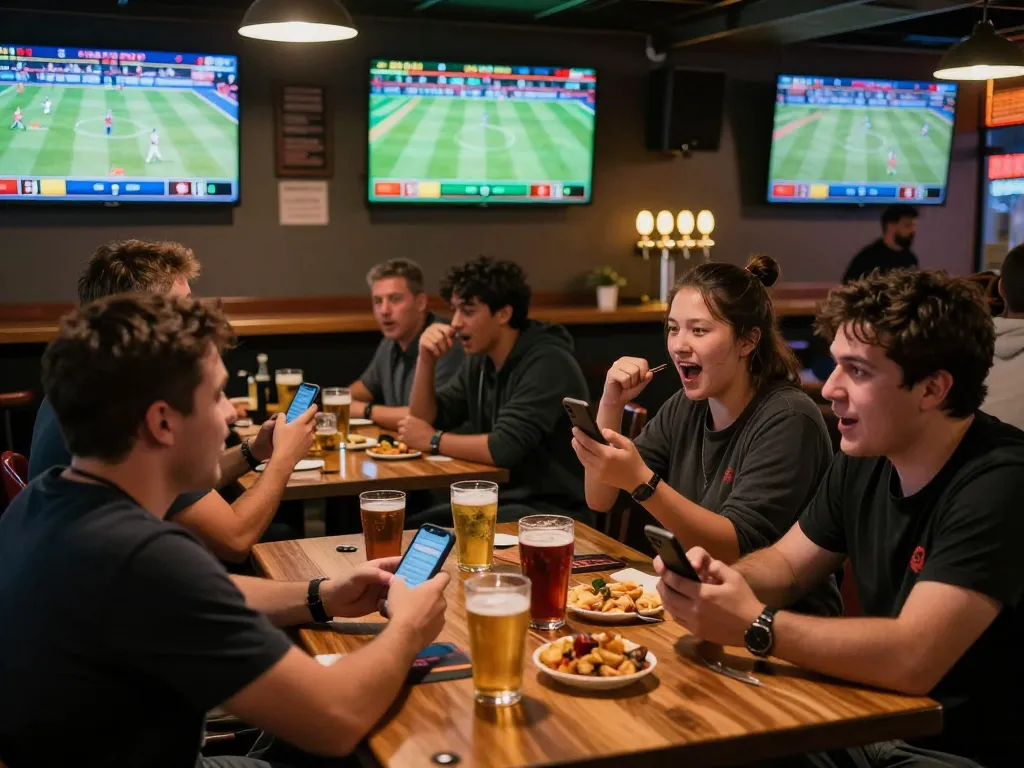 Engaged sports fans analyzing tỷ lệ kèo trực tuyến while cheering for their favorite teams.