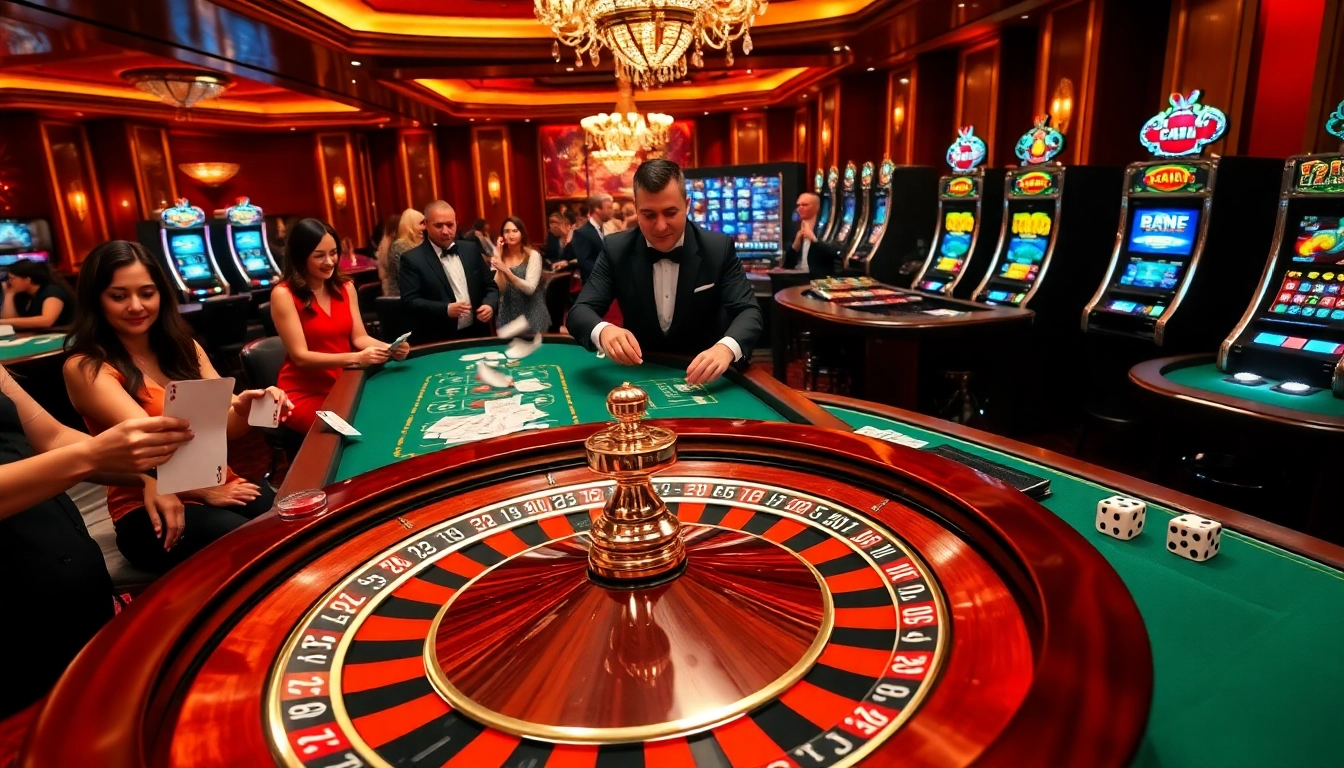 Exciting casino scene with players enjoying games at 78WIN, featuring a roulette wheel and vibrant atmosphere.