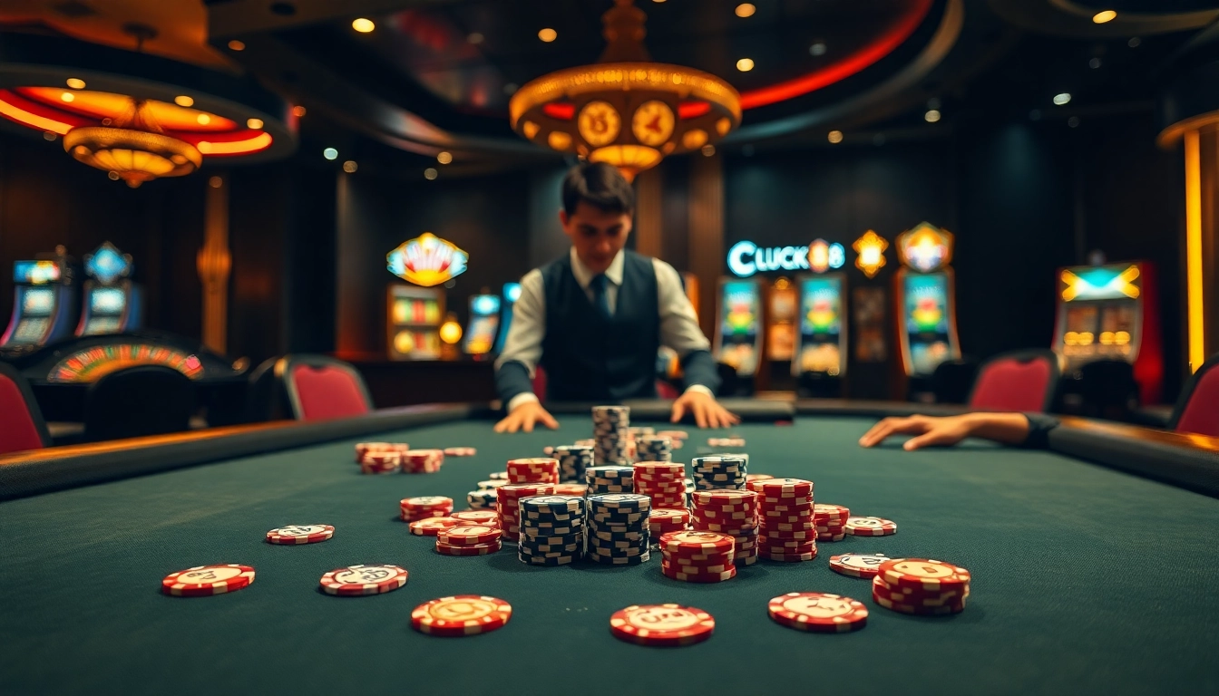 LUCK8 poker chips and cards on an elegant casino table surrounded by glowing slot machines.