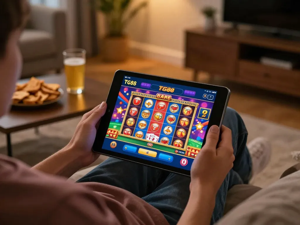 Engaged player using TG88 app on tablet for exciting online casino gaming experience.