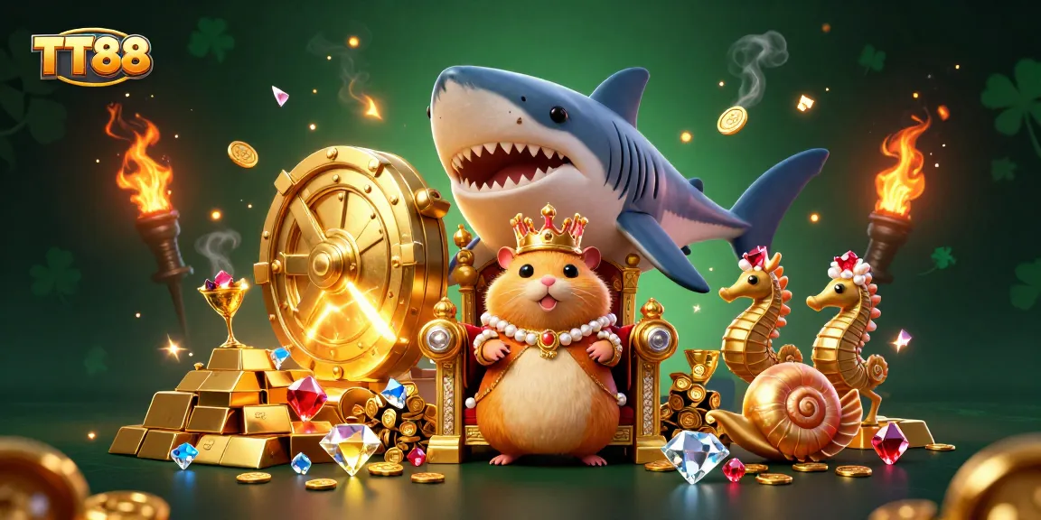 Engage in winning at TT88, where a fierce hamster king rules a vibrant casino realm filled with treasures and luck.