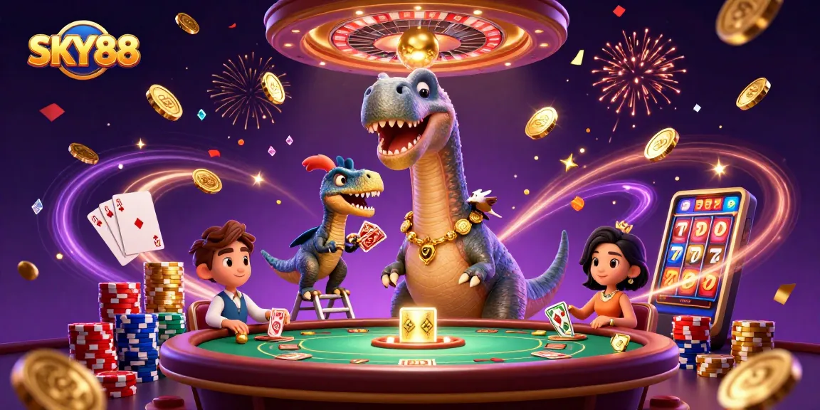 SKY88 showcases a whimsical 3D scene with a dinosaur and raptor in a vibrant casino setting.