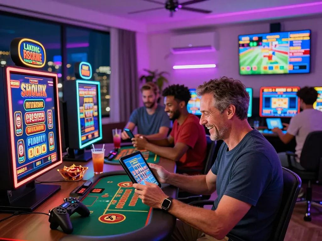 Players engaging in online games with af88 đăng nhập on digital devices, vibrant atmosphere showcasing excitement and variety.