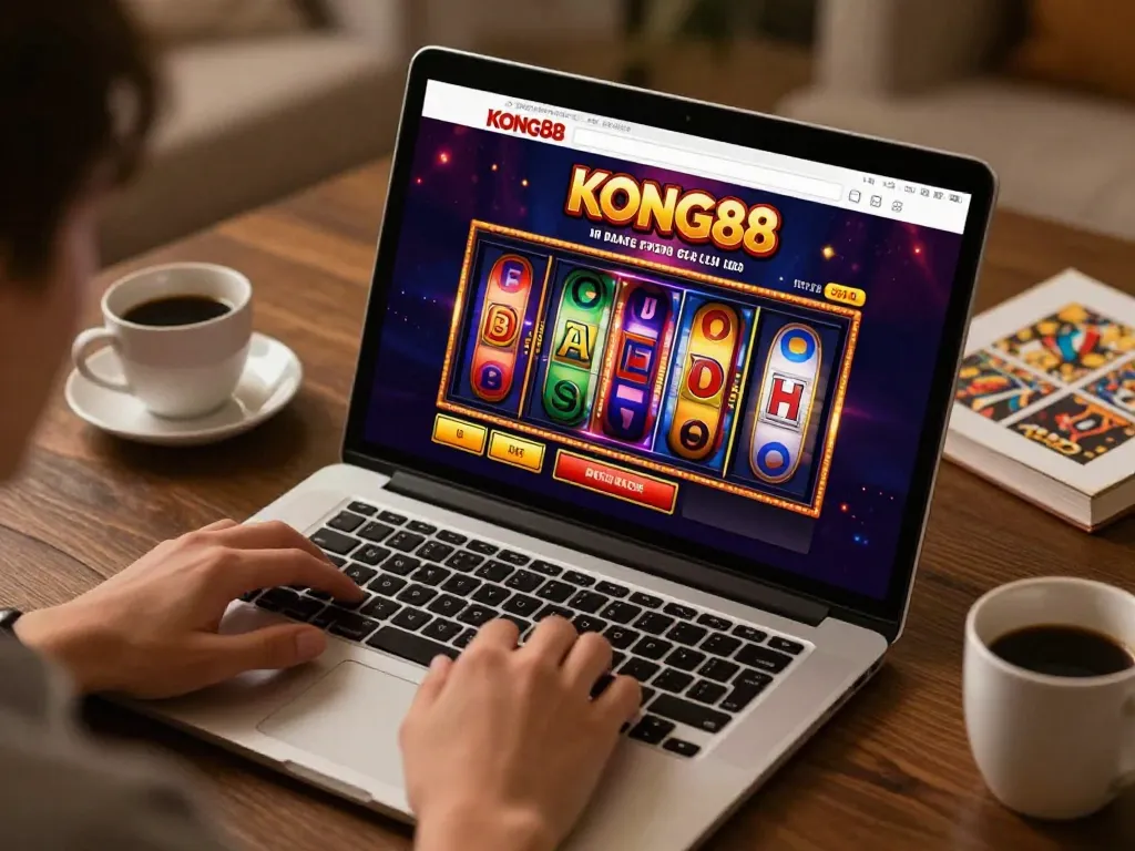KONG88 user spinning reels on an engaging online slot game in a cozy home setting.