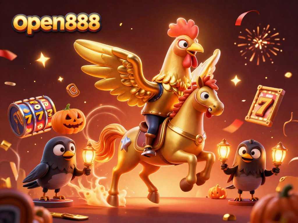 Experience the enchanting world of open888 with a golden rooster riding a spectral horse in a vibrant casino.