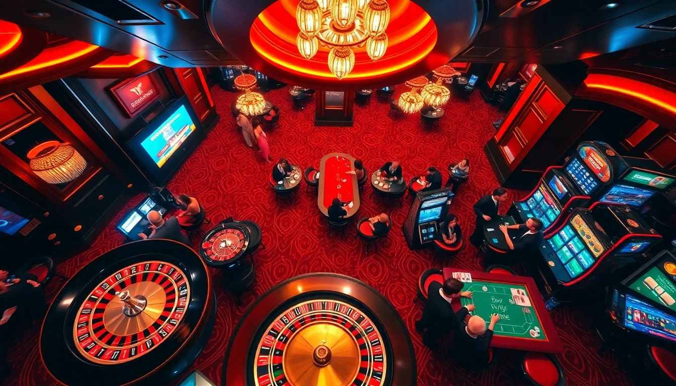 Exciting casino scene with bem88 elements, showcasing roulette, cards, and engaging gamblers.