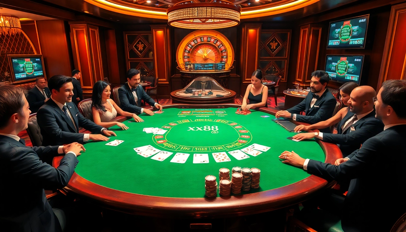 Players engaging at the blackjack table in xx88 casino, showcasing vibrant chips and cards.