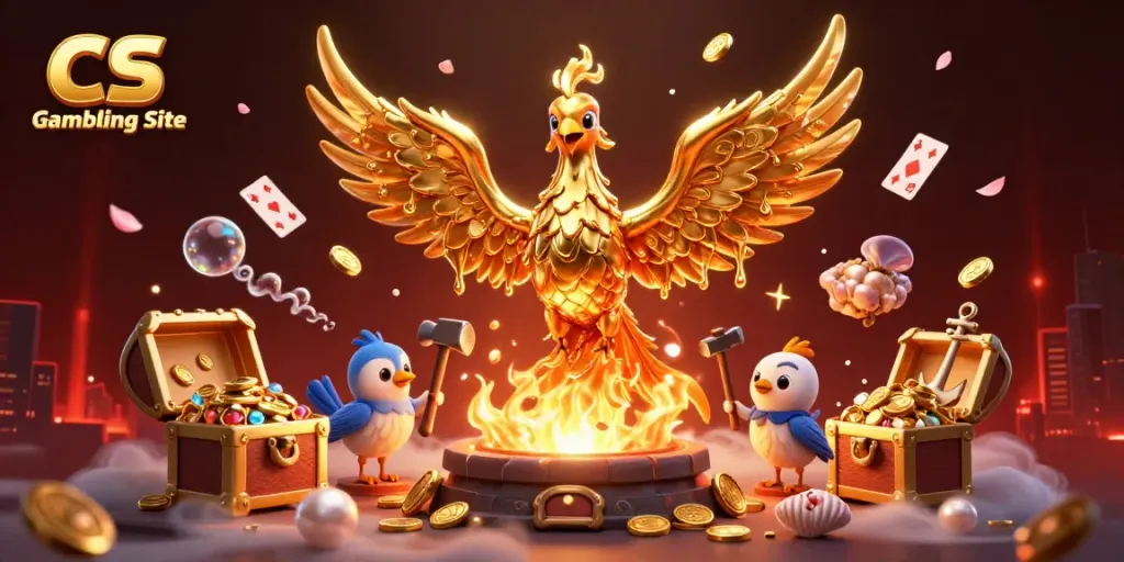 3D illustration of a CS Gambling Site with a golden phoenix and vibrant casino elements.