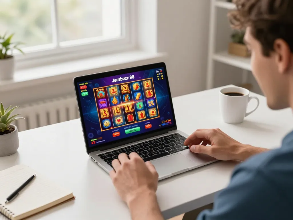 Engaging with the Jeetbuzz 88 casino app on a smartphone in a modern home setting