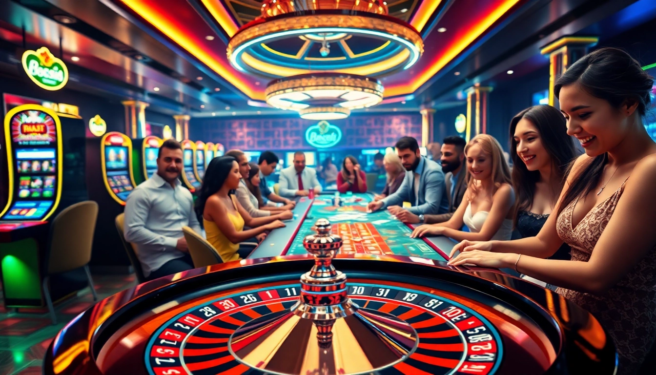 B52CLUB players enjoying a luxurious casino scene with roulette and vibrant slot machines.