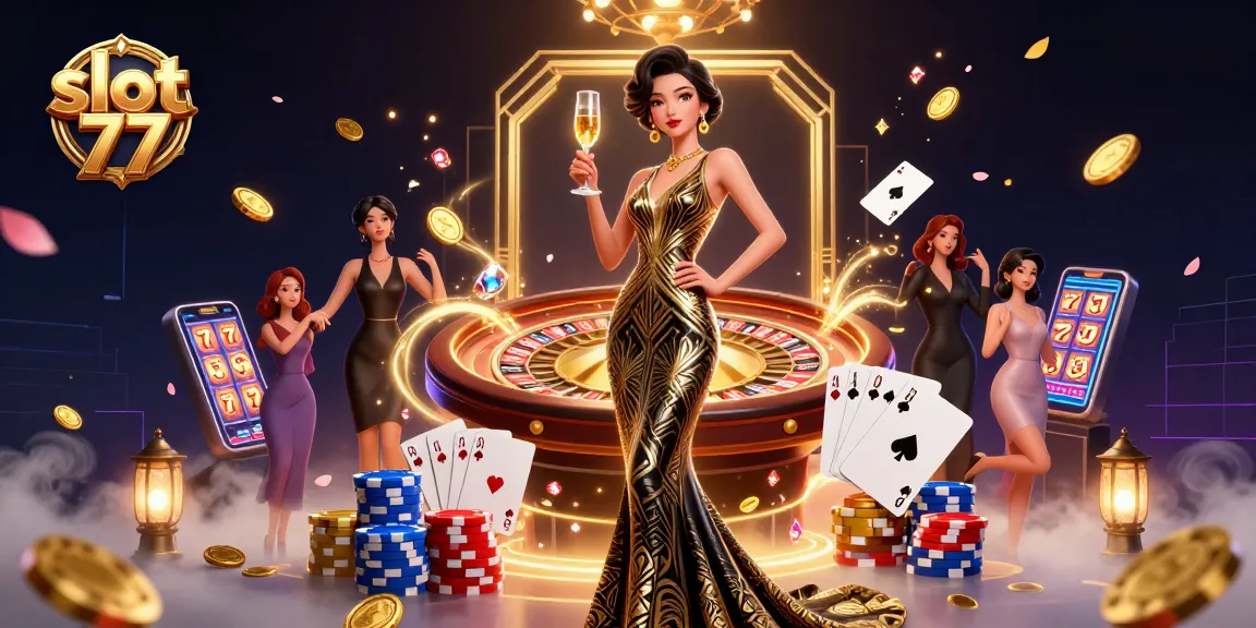 Experience the excitement of slot 77 in this vibrant 3D casino scene with glamorous elements.
