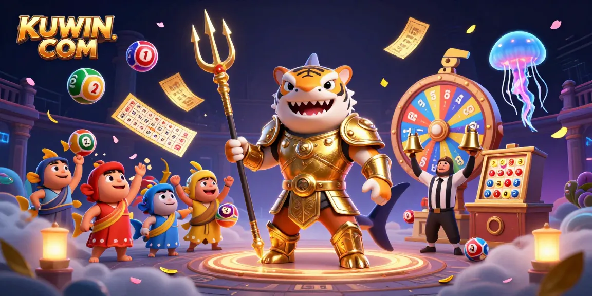 Engage with thrilling games and jackpots at KUWIN. COM, featuring dynamic lottery balls and an underwater colosseum scene.