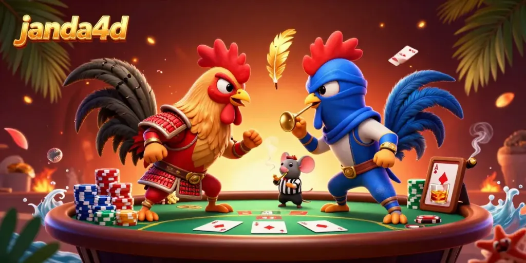 Rooster bertarung janda4d menunjukkan strategi permainan poker dengan suasana kasino yang dinamis.