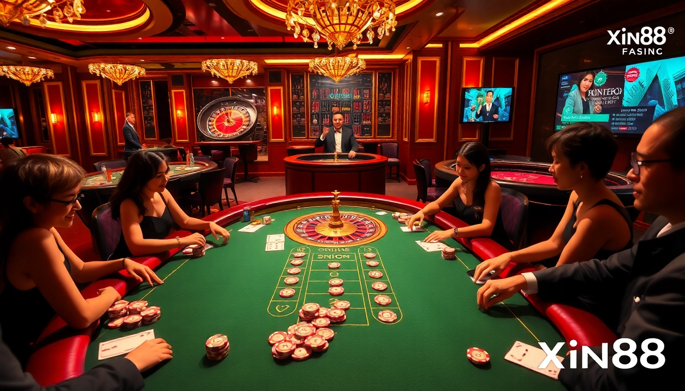 Exciting casino scene with players engaged at Xin88 poker and roulette tables under soft lighting.