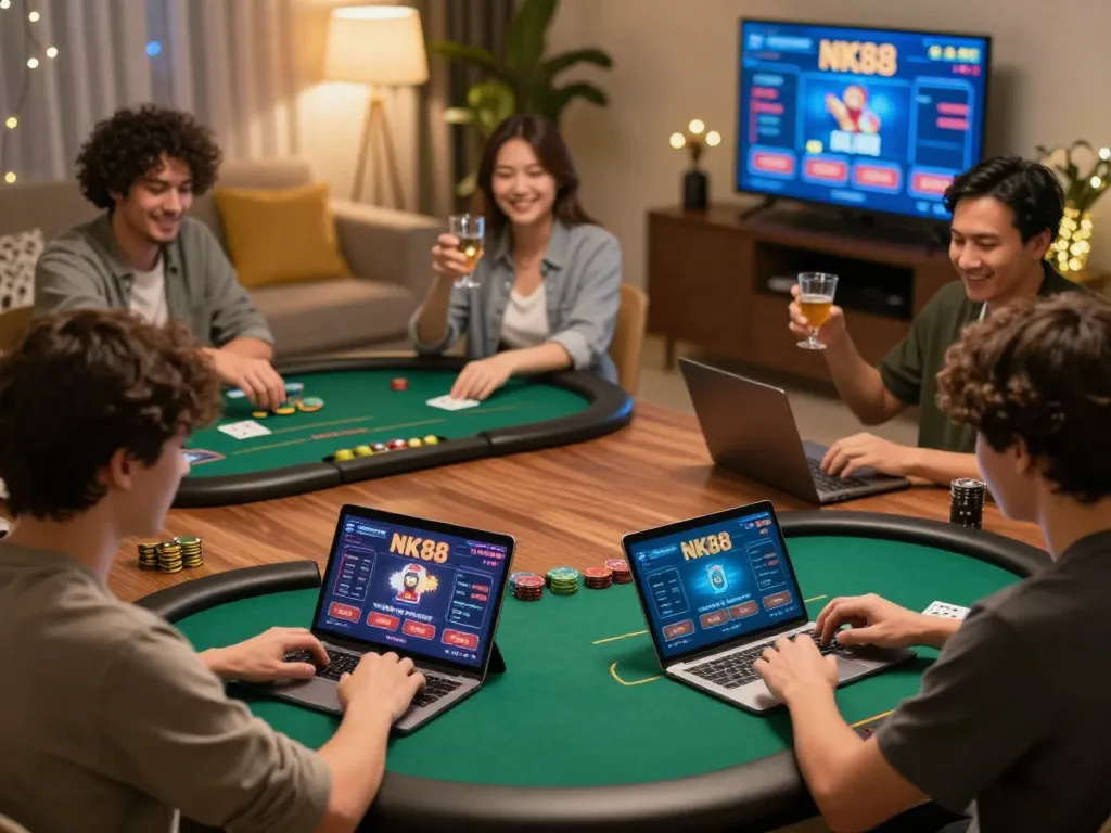 Players enjoying a poker game on NK88 casino platform at home, celebrating strategic wins in a cozy atmosphere.