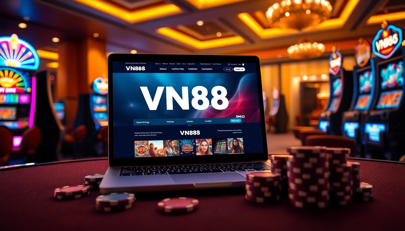 Experience the thrill of gaming at https://vn88a.app/ with a vibrant display of casino tables and slot machines.