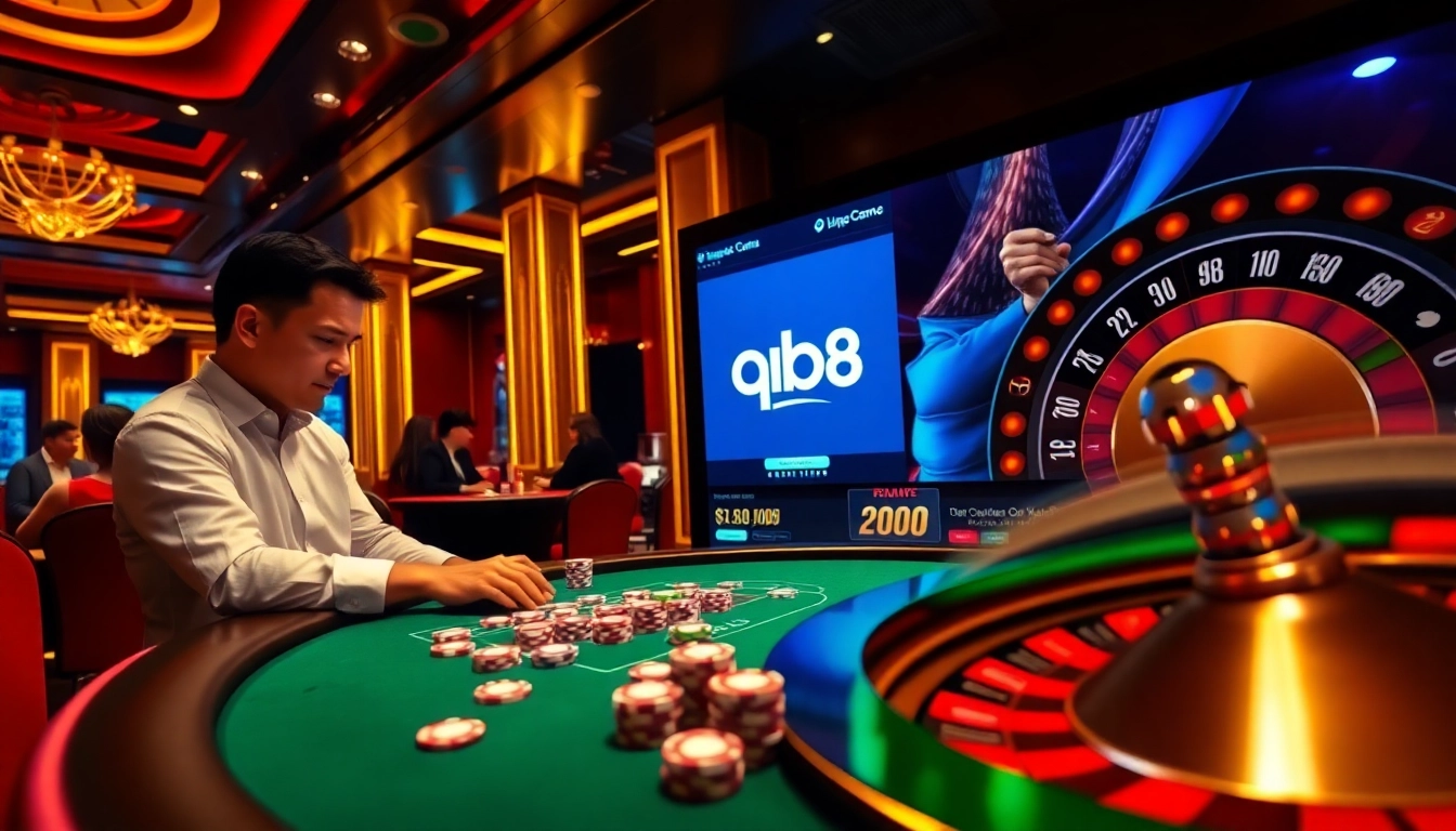 Engaging players enjoy a casino experience with qh88 at a vibrant blackjack table, surrounded by excitement.