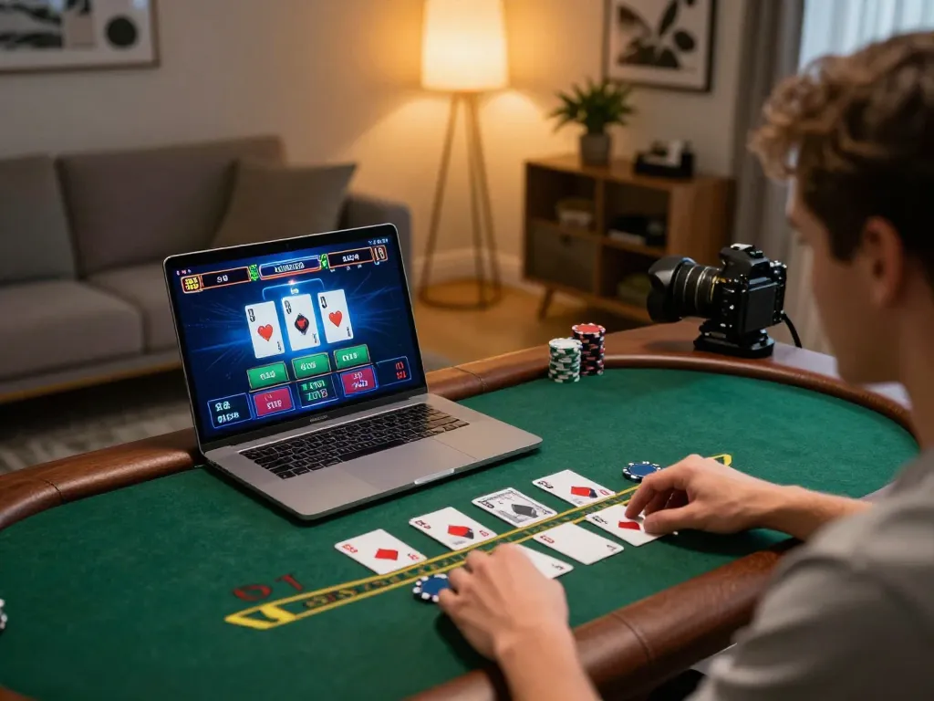 Player enjoying 9bet live dealer blackjack at stylish home setup with cards and strategies