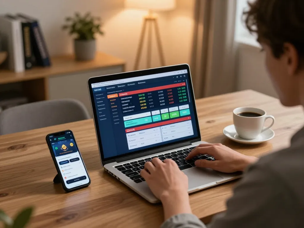 ta88 gambler focusing on online betting setup with laptop and betting app in cozy atmosphere