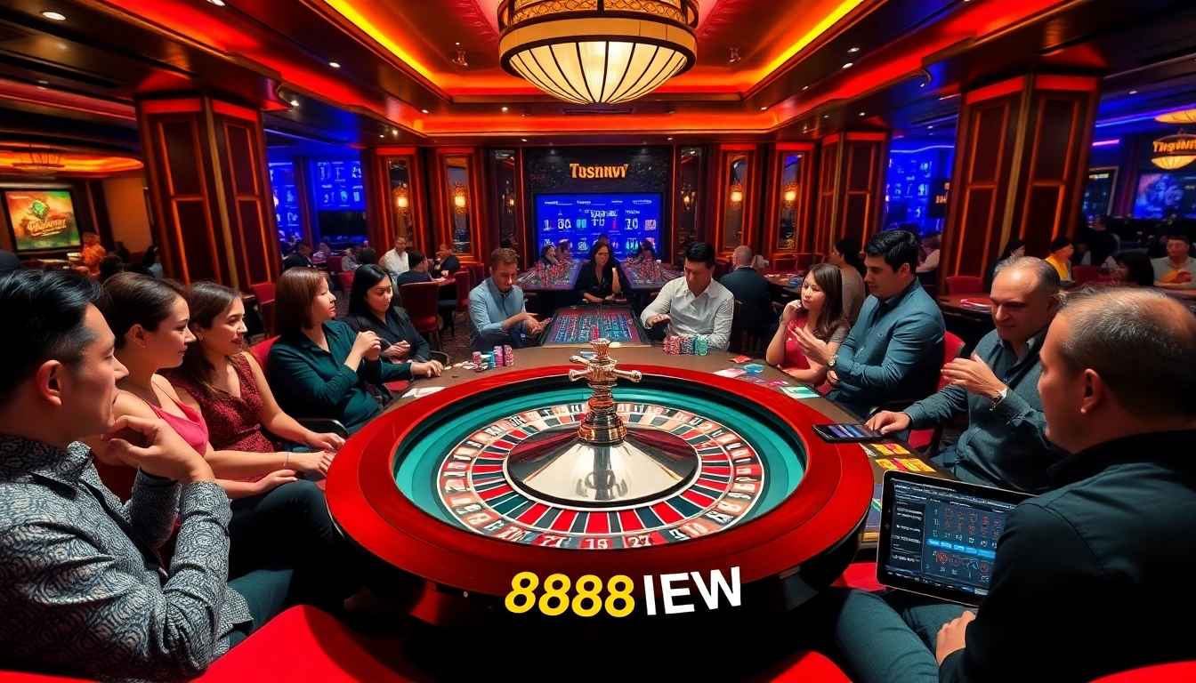 Players engaging at Trang chủ 888NEW, a vibrant casino scene with roulette and online betting.