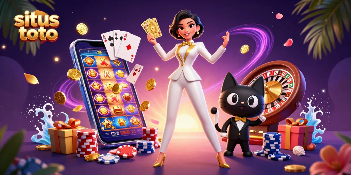 Situs toto menampilkan wanita 3D glamor yang sedang mengocok kartu di samping kucing stylish dengan elemen kasino yang hidup.